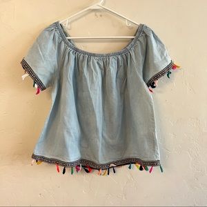 Speed Limit Light Wash Chambray Fringe Trim Top